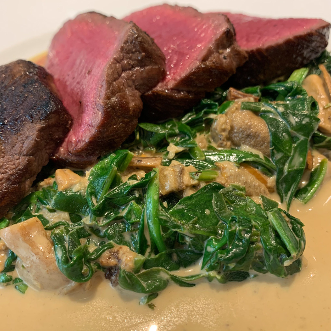 Venison Loin Steak with Creamy Porcini and Spinach